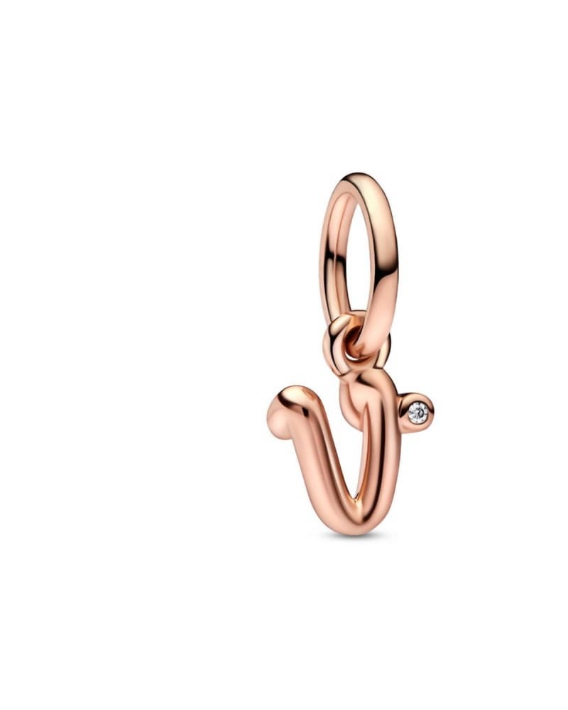 Front of a size O/S Letter V Script Alphabet Dangle Charm in Rose Gold in Rose Gold by Pandora. | dia_product_style_image_id:329225